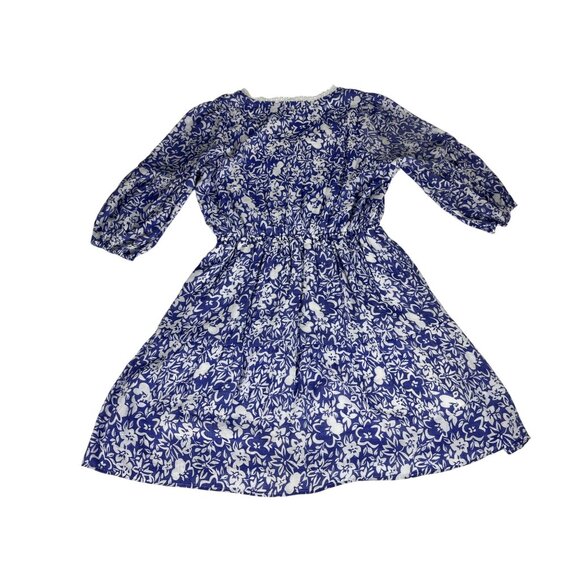 Marissa Olivia Floral Boho Dress Women L Blue White V-Neck Balloon Sleeve A-Line - Picture 5 of 6
